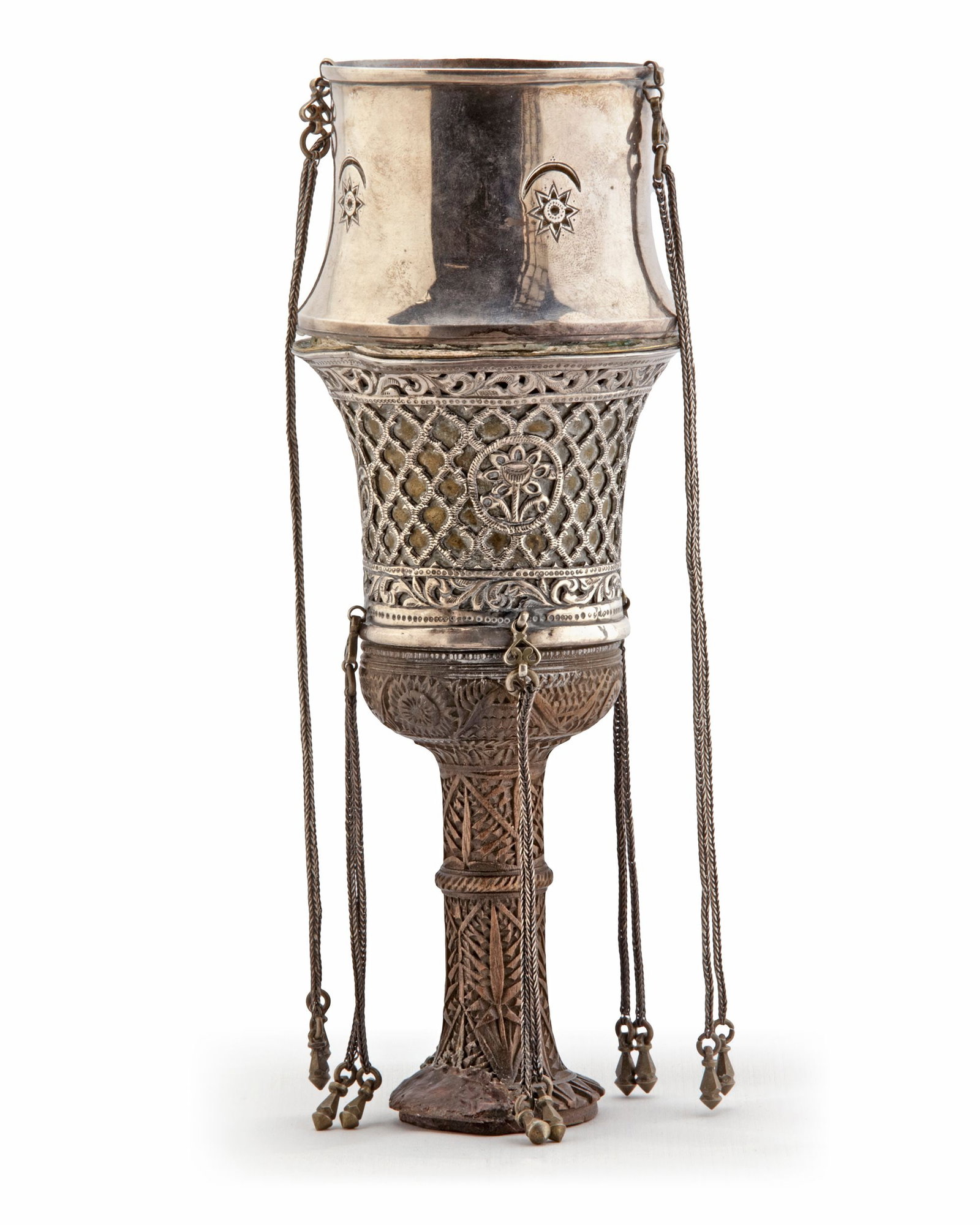 A SILVER GHALIAN CUP, PERSIA, 19TH CENTURY: Persian silver ghalian (hookah) cup, finely decorated with intricate openwork patterns, floral motifs, and engraved crescent-and-star designs. Adorned with hanging chains and detailed craftsmanship. 2