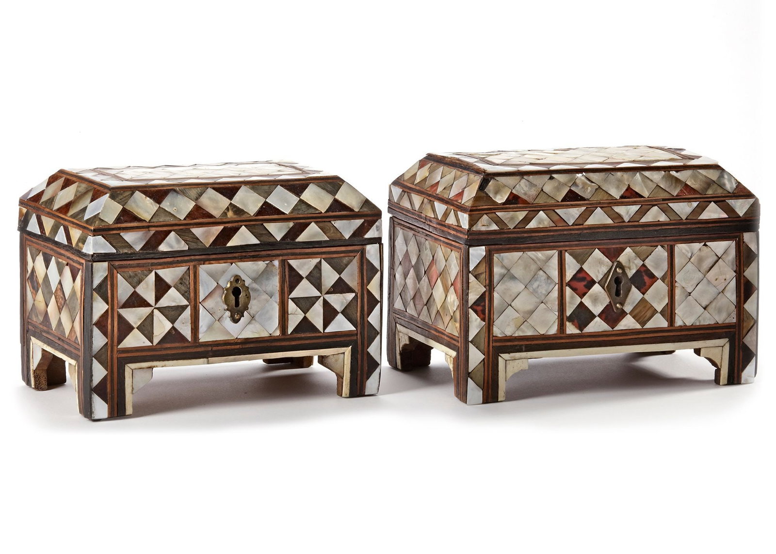 TWO OTTOMAN MOTHER-OF-PEARL AND TORTOISESHELL INLAID WOOD JEWELLERY BOXES, TURKEY, 18TH CENTURY: Each box of rectangular form on bracketed feet with a hinged bevelled lid, the sides and cover inlaid with tortoiseshell and mother-of-pearl, with panels of diamond, cube trellis and chequerboard patt