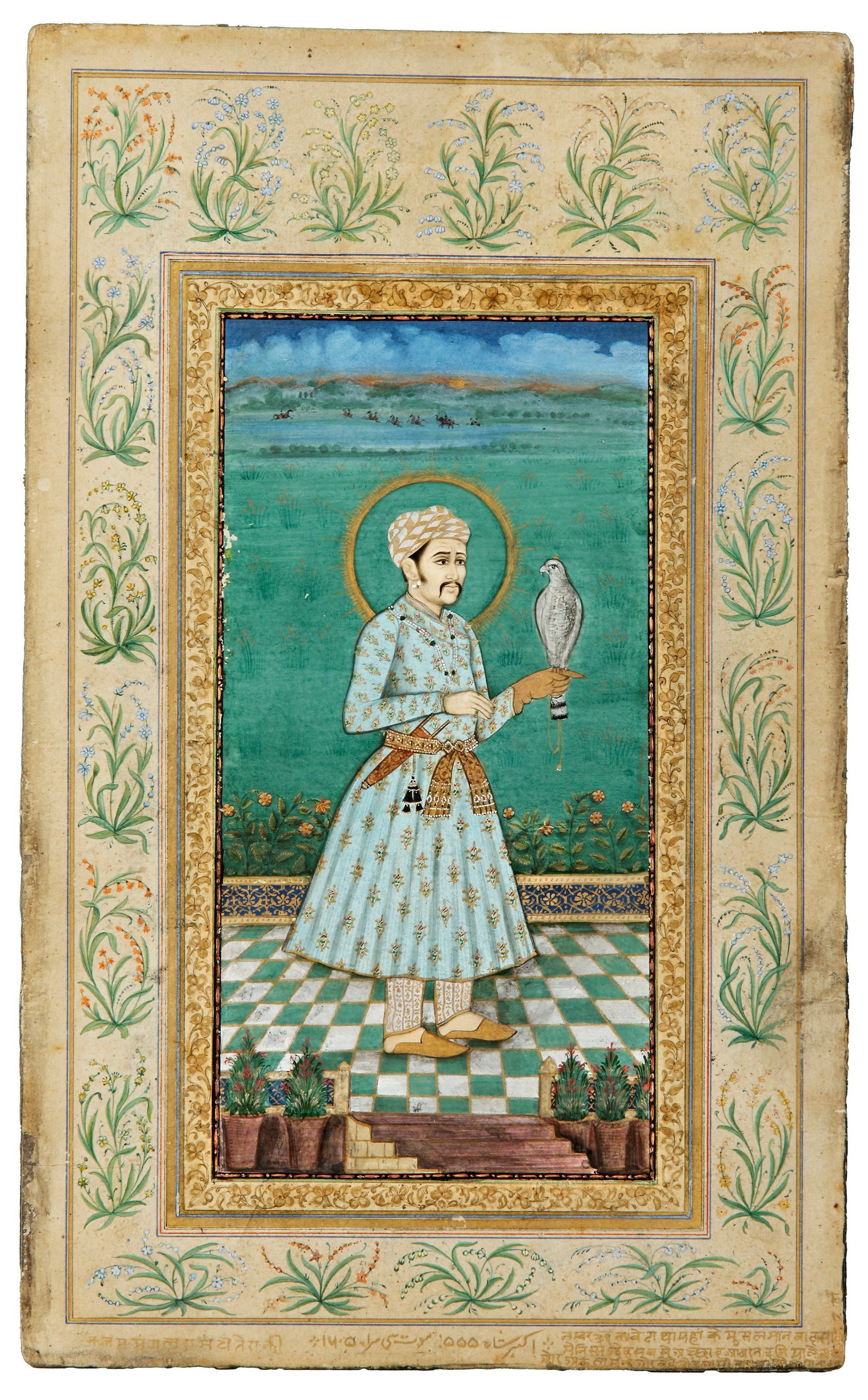 AN INDIAN PAINTING OF AKBARSHAH WITH FALCON, DATE 1205 AH/1790 AD: Mughal ruler Akbar Shah with a falcon. By mangal Ram artist. Date is mentioned in urdu. 30.5 by 19 cm.