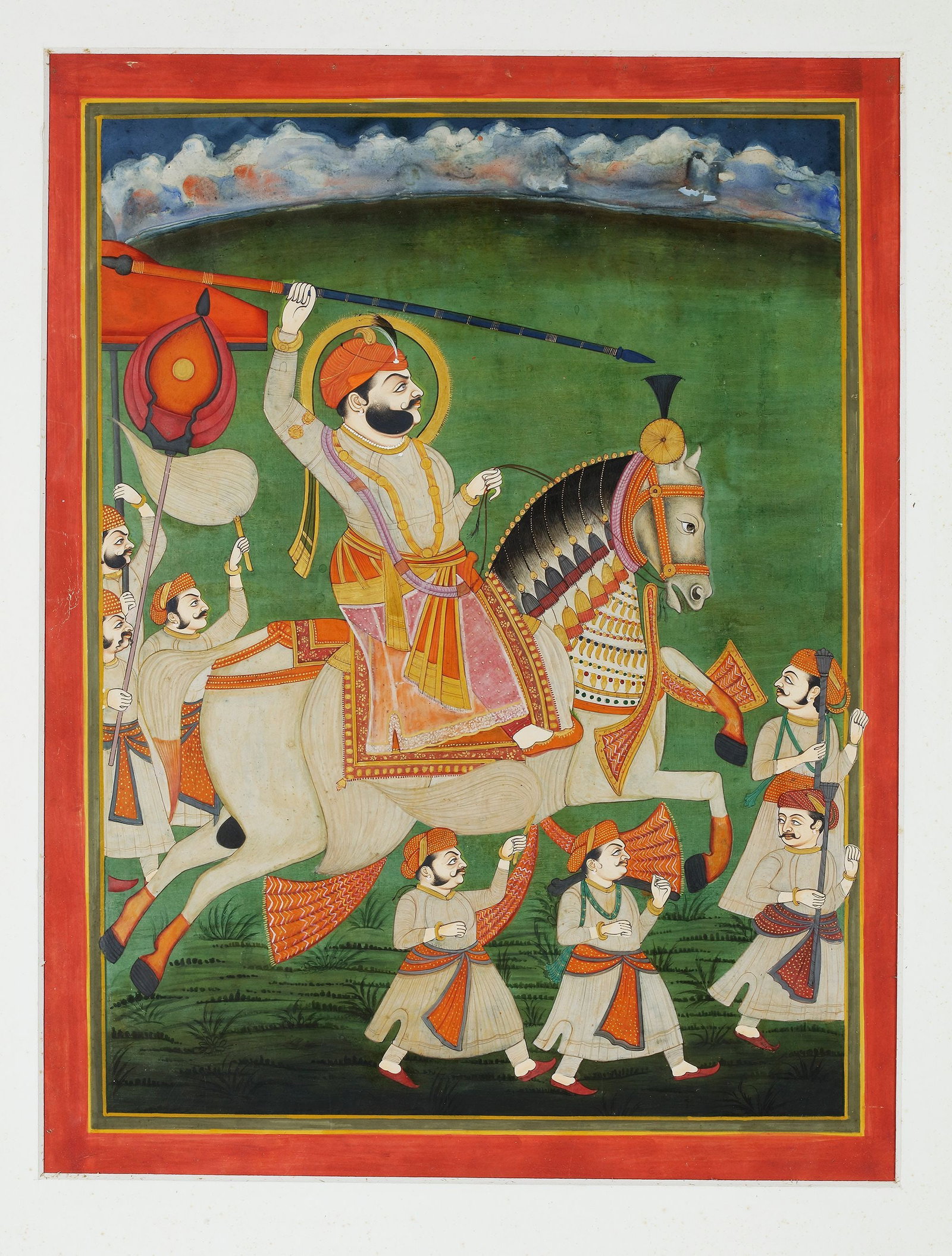 AN EQUESTRIAN PORTRAIT OF MAHARAJA MAN SINGH OF JODHPUR, RAJASTHAN INDIA, 19TH CENTURY: Opaque pigment heightened with gold on paper, laid down on red card borders, depicting Maharaja Man Singh on a horse surrounded by his soldiers. 38 by 30 cm.