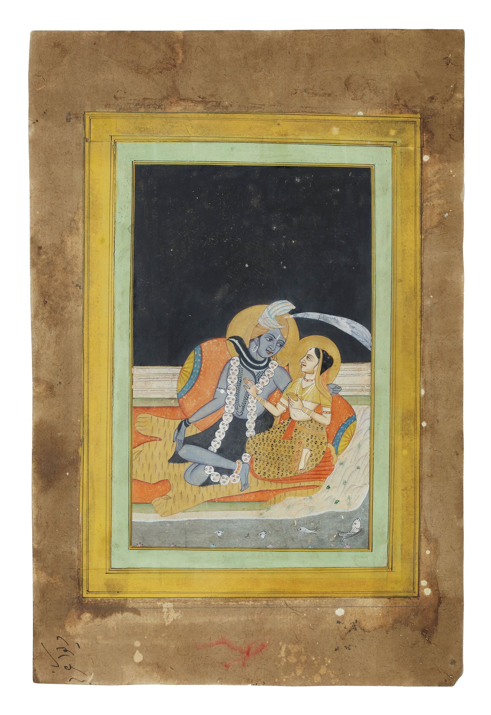 SHIVA AND PARVATI SEATED AGAINST A BOLSTER, JAIPUR RAJASTHAN INDIA, 19TH CENTURY (1 of 1)