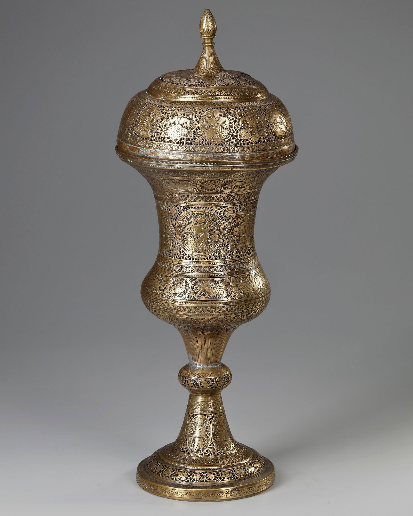 A LARGE PERSIAN BRASS INCENSE BURNER, QAJAR, 19TH CENTURY (1 of 4)