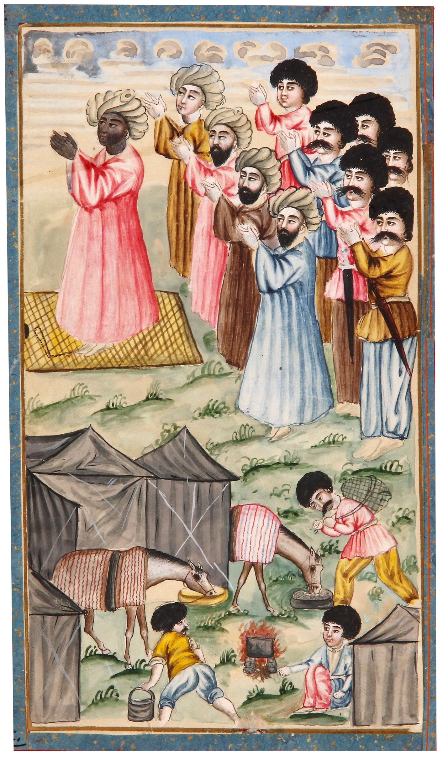 AN OTTOMAN MINIATURE DEPICTING A GROUP DURING PRAYER, LATE 18TH CENTURY: Painting: 23 by 13.5 cm. Folio: 31.5 by 19.5 cm.