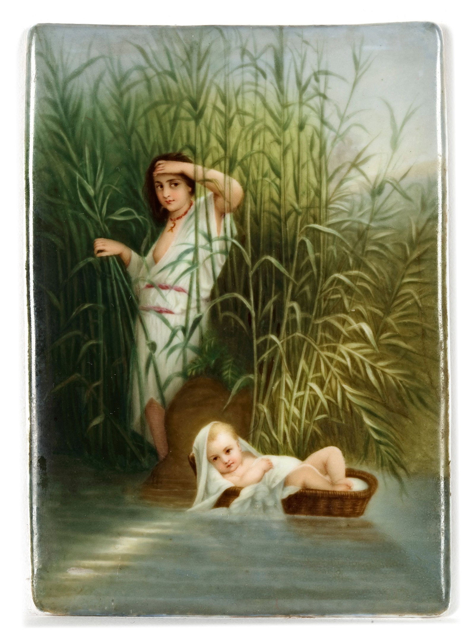 A KPM PORCELAIN PLAQUE 'MOZES IN THE RIVER': 15 by 10 cm.