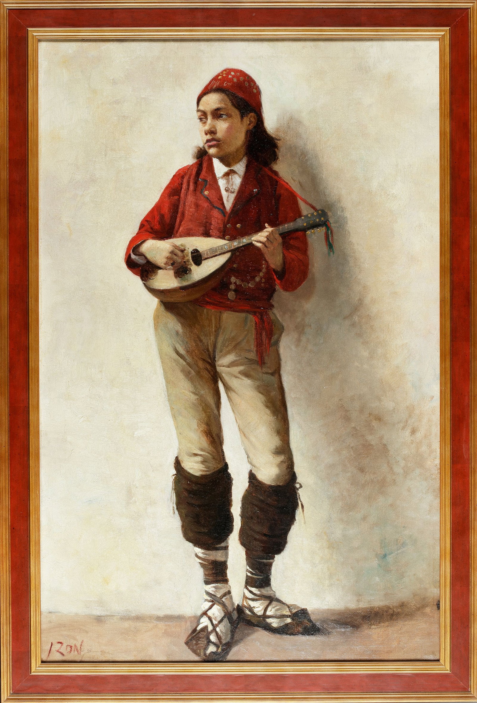 BOY WITH A MANDOLIN: A charming oil painting depicting a young boy dressed in traditional attire, holding and playing a mandolin. The figure is rendered with fine detail and warm colors, capturing the spirit of Mediterran