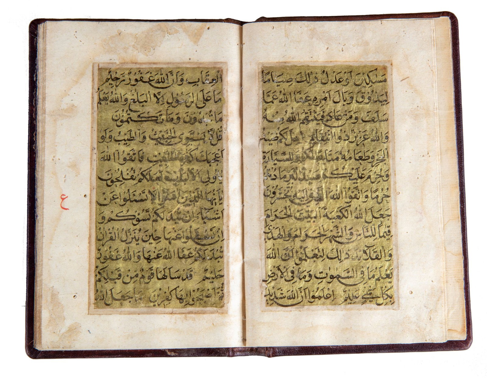 AN OTTOMAN QURAN MANUSCRIPT, TWO JUZ??, 18TH CENTURY: Arabic manuscript on paper, approximately 35 leaves, each page containing 12 lines of elegant naskh script in black ink, set against a fully gilt rectangular ground within a fine ruled border. Surah h