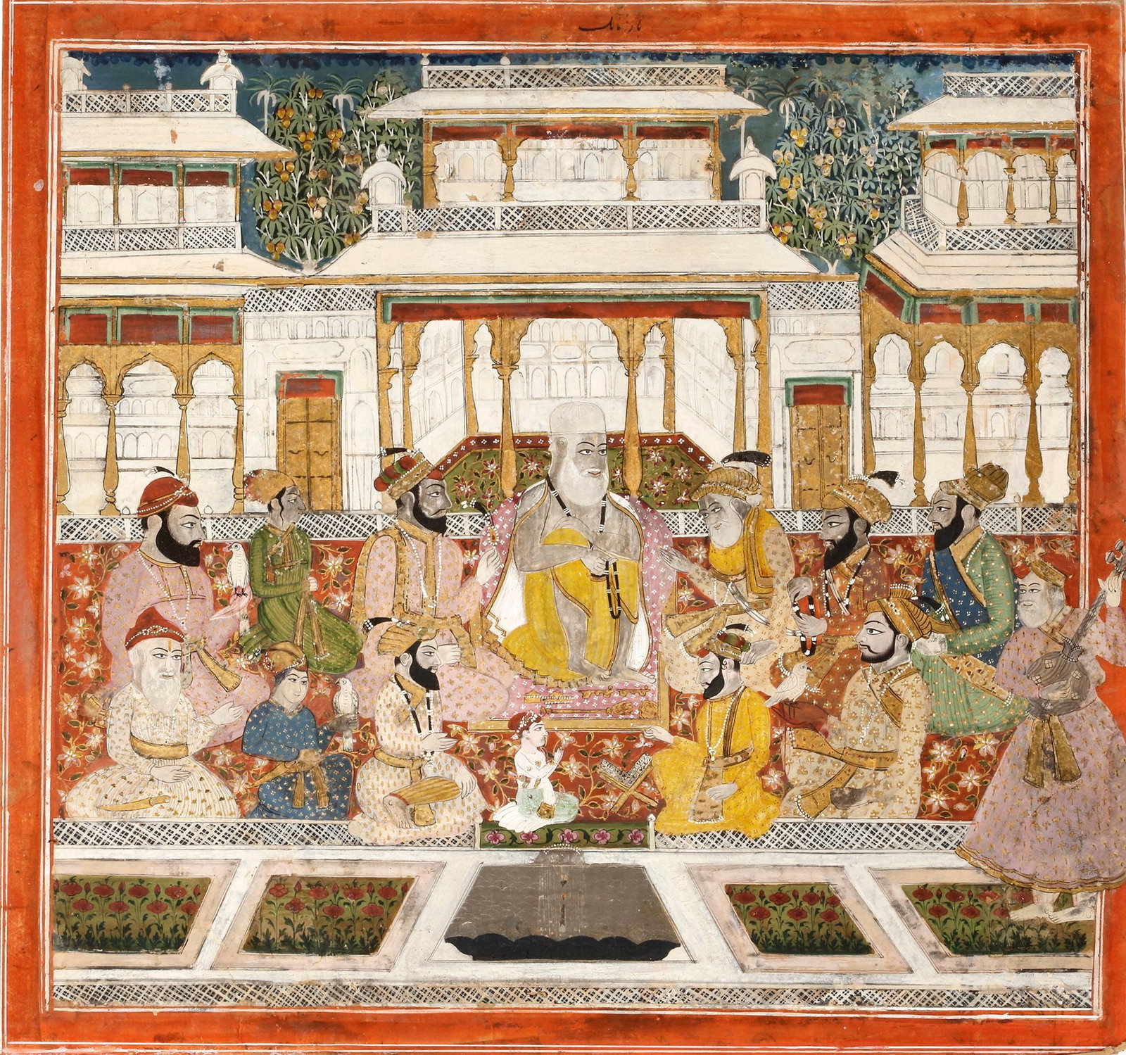 A PALACE SCENE, RAJASTHAN, NORTH INDIA, CIRCA 19TH CENTURY: A Palace Scene Rajasthan, North India, circa 19th century opaque watercolour and gold on paper, red border. A lively court assembly unfolds in an ornate multi-level pavilion. A central figure in yello