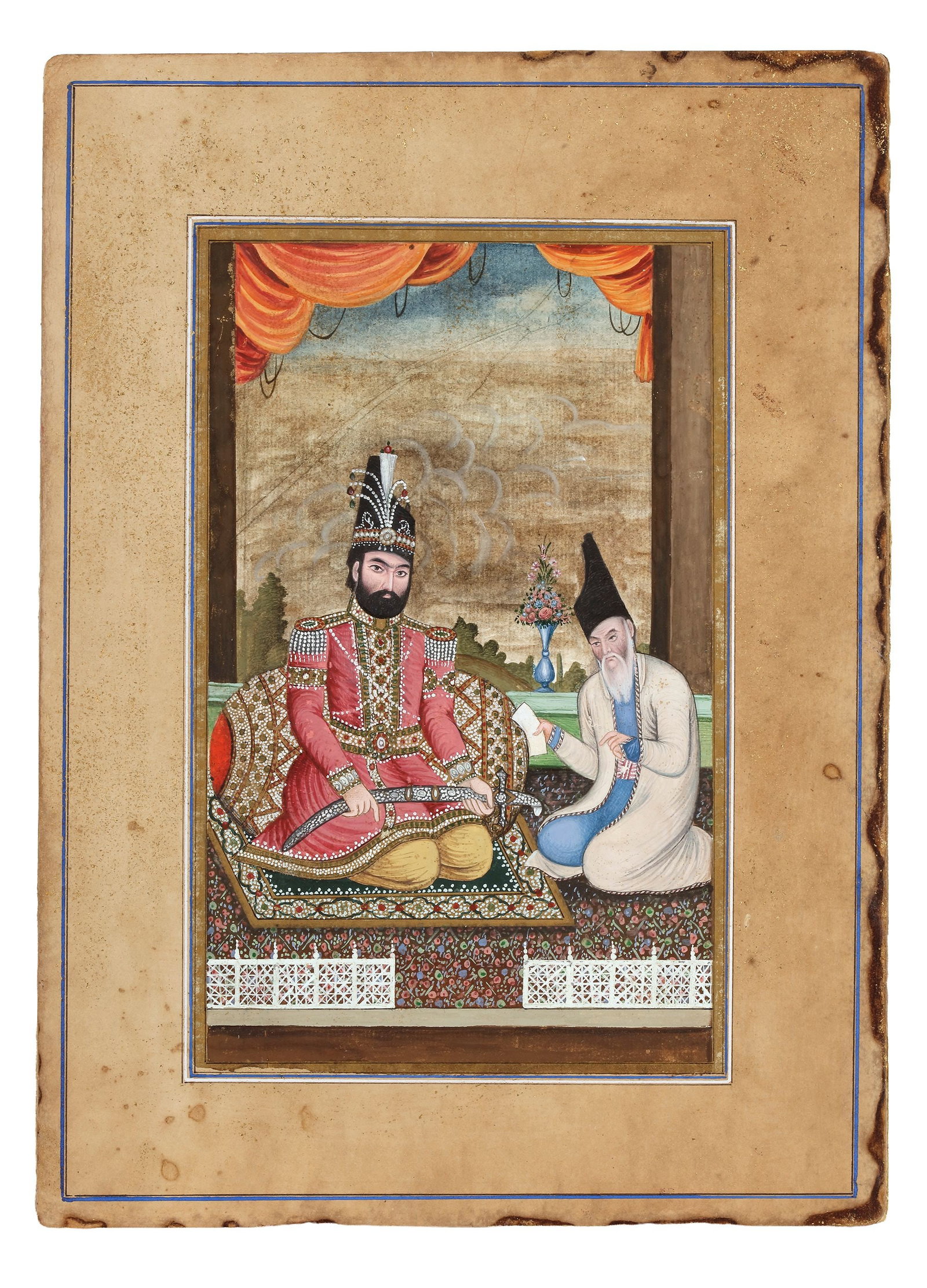 MUHAMMAD SHAH QAJAR AND HIS VIZIER, PERSIA QAJAR, 19TH CENTURY: Gouache colour heightened with gold on paper, depicts Muhammad Shah, the third ruler of the Qajar dynasty (r. 1834â€“1848), sits gracefully on a verandah, clutching a jewel-studded sword that 