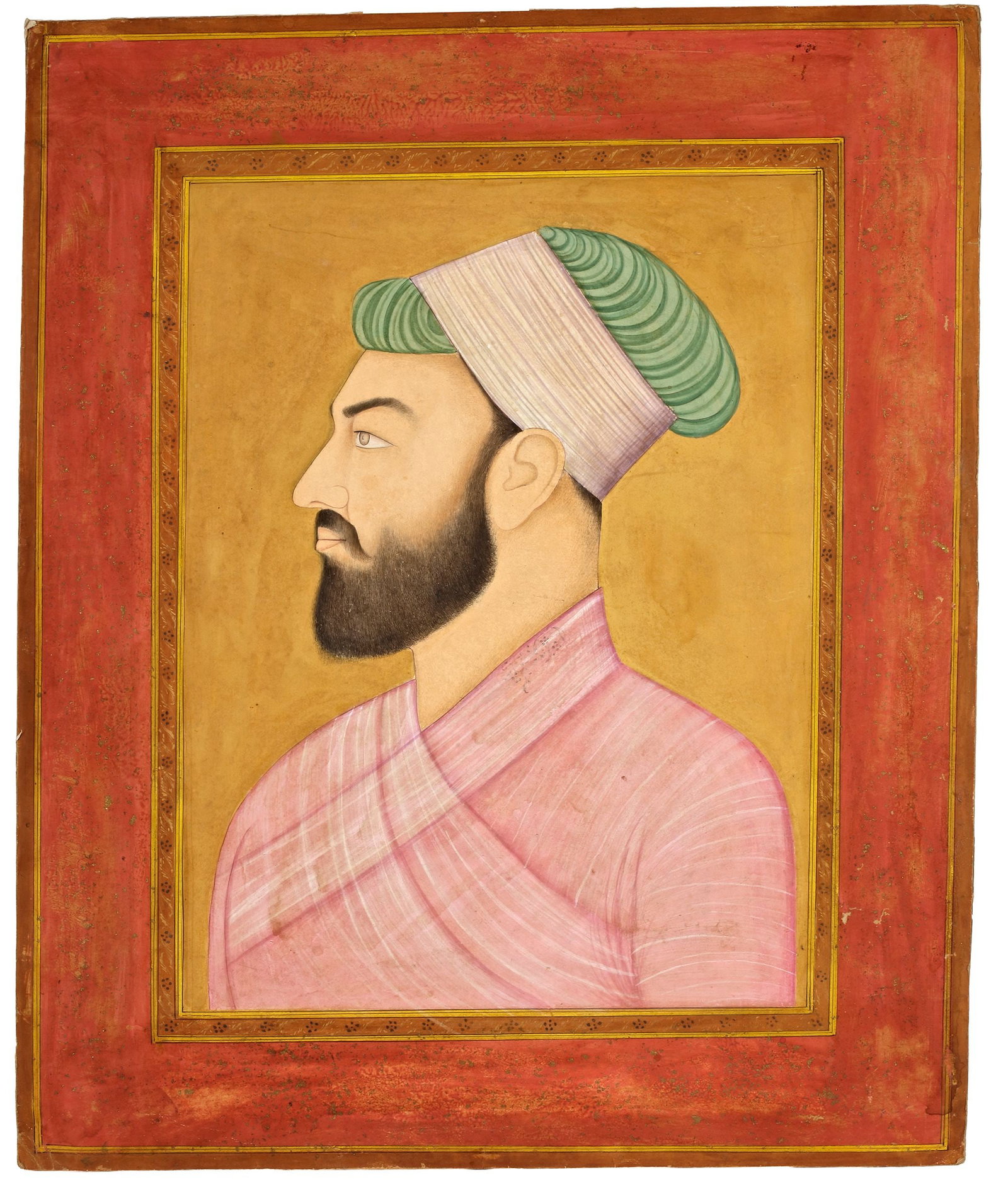 A LARGE PORTRAIT OF A MUGHAL EMPEROR, 19TH CENTURY: Gouache colour on paper, depicts Emperor Aurangzeb, one of the most prominent rulers of the Mughal Empire, rendered in the traditional Mughal miniature style. The profile portrait shows the emperor wi