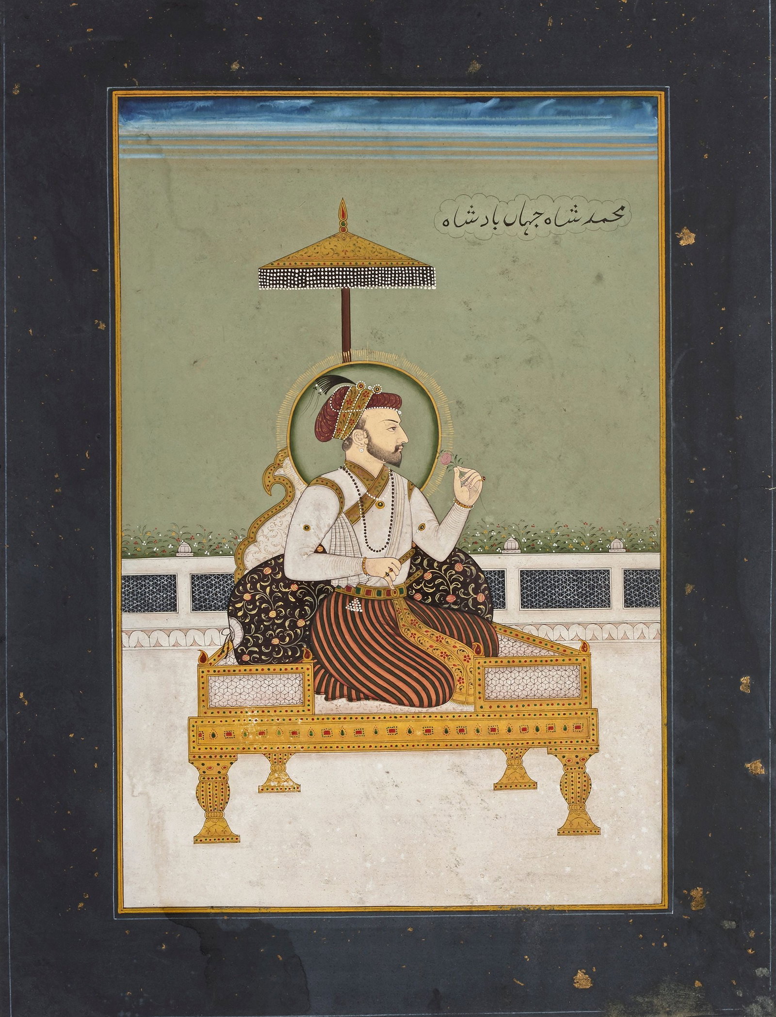 EMPEROR MUHAMMAD SHAH, INDIA MUGHAL SCHOOL, 19TH CENTURY: Opaque watercolour and gold on paper. The emperor is depicted seated on a golden throne, wearing a plain white robe, a turban, and a gold, jewel-encrusted belt with matching jewellery. 30,5 by 23 cm.