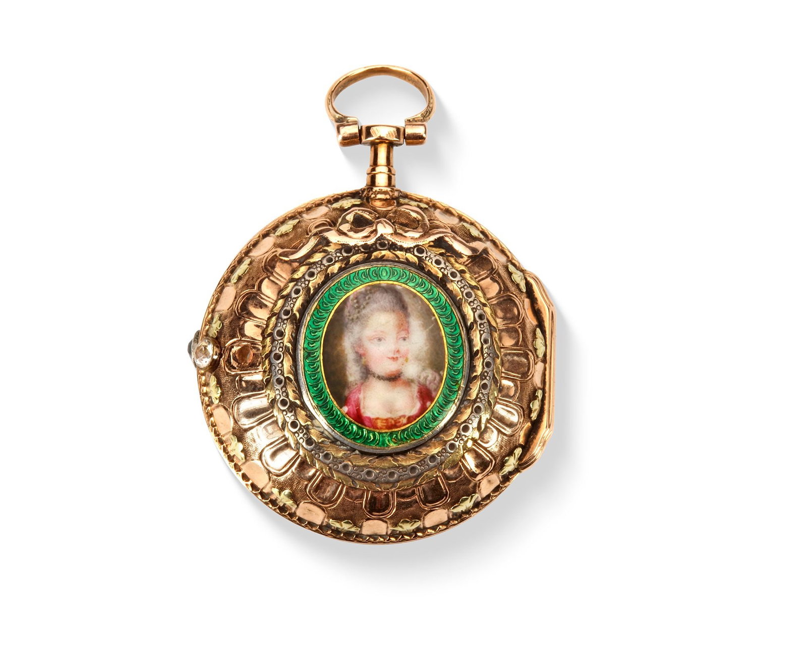 A SMALL SNEK SPILLEGANG POCKETWATCH, EARLY 18TH CENTURY: With diamonds and enamel, made for the Ottoman market. 18 carat gold. Diameter 3.2 cm. Length 4.4 cm.