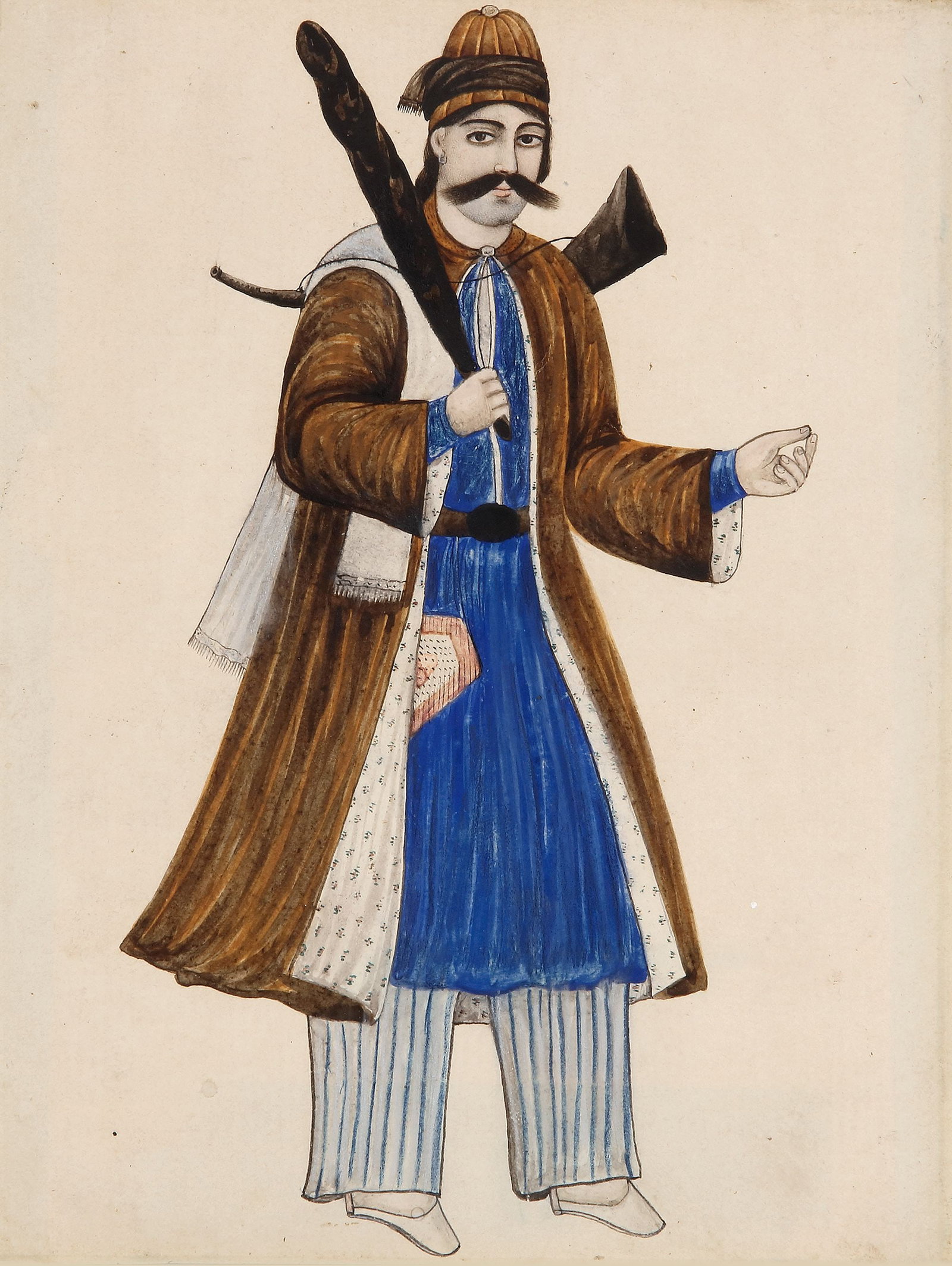 A PERSIAN QAJAR FIGURE, 19TH CENTURY: Gouache colour on paper, depicting a Persian figure wearing a brown robe and holding a stick in his hand. 16 by 21 cm.