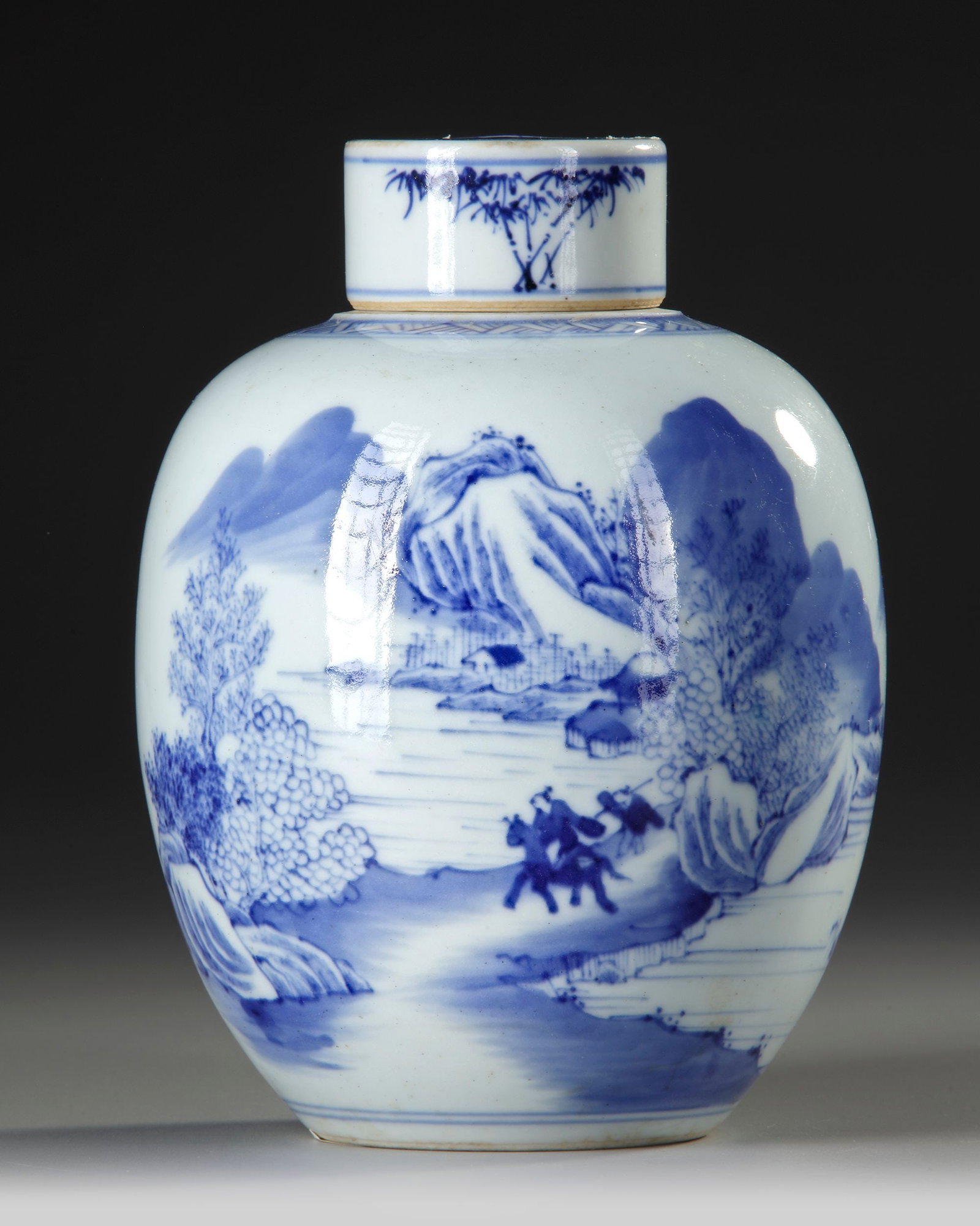 A CHINESE BLUE AND WHITE GINGER JAR WITH COVER, 19TH CENTURY: A Chinese porcelain covered ginger jar of globular form, finely painted in underglaze cobalt blue with a continuous landscape scene, depicting a mountainous river landscape with trees, rocks and dista
