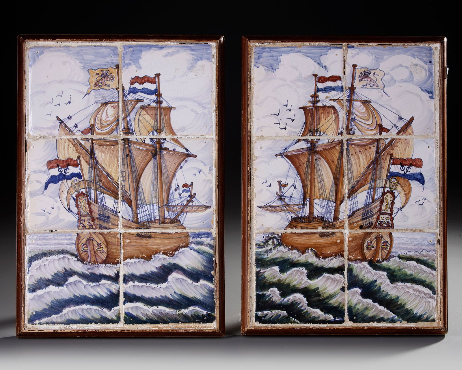 A PAIR OF DELFTWARE TILES DEPICTING DUTCH SAILING SHIPS, 19TH CENTURY (1 of 3)