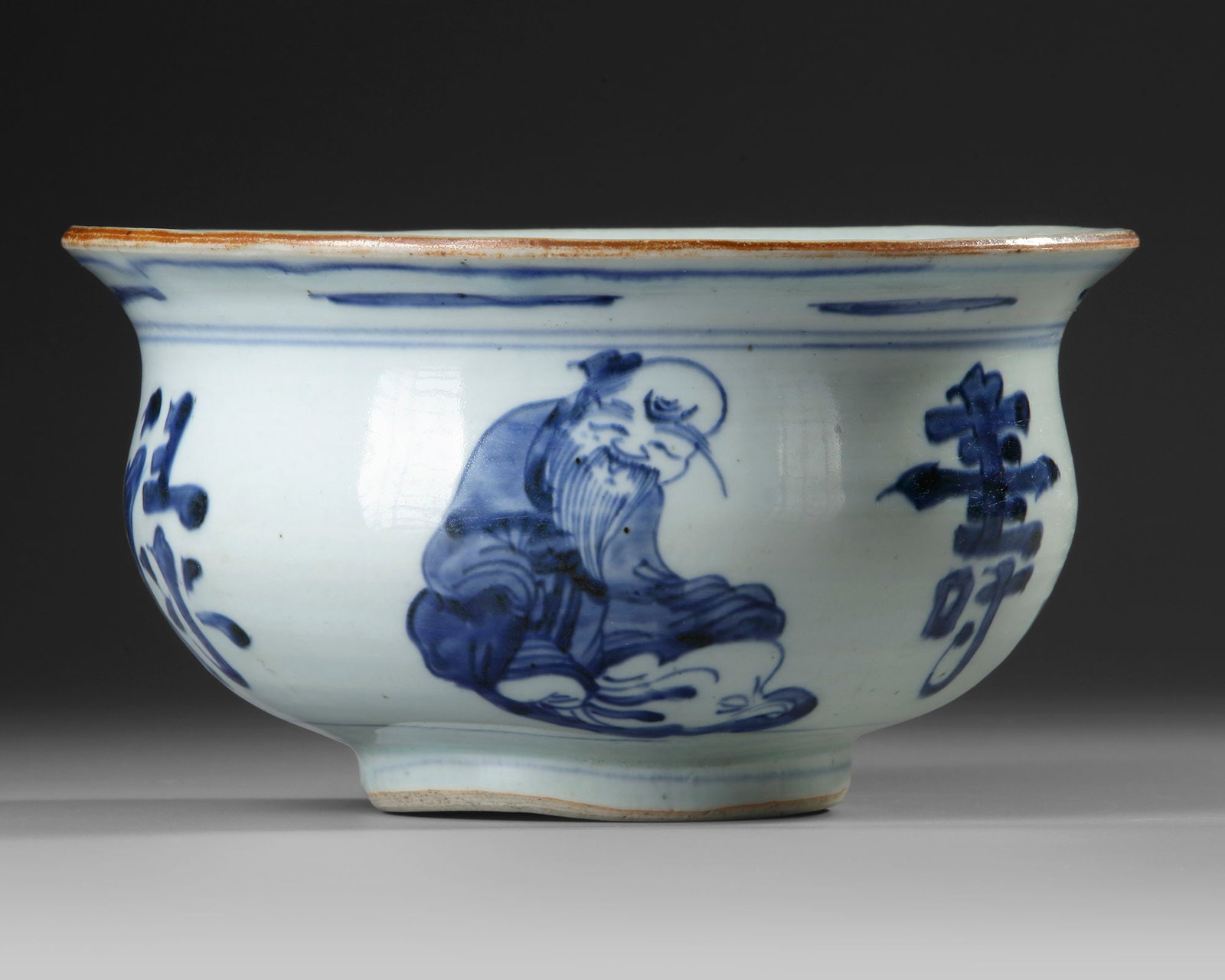 A CHINESE BLUE AND WHITE CENSER, KANGXI (1662â€“1722): A rare and elegant Chinese blue and white porcelain censer Decorated with finely painted figures of the Star Gods (Fu, Lu, and Shou), symbols of happiness, prosperity, and longevity, rendered in rich 