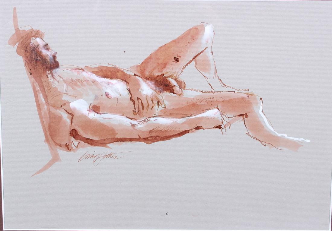 20th C Inkwask Male Nude Drawing: 20th C Inkwask Male Nude Drawing. Unknown Artist. Signed illegibly. Size: 17" x 21" frame, 9.5" x 13.5" sight.