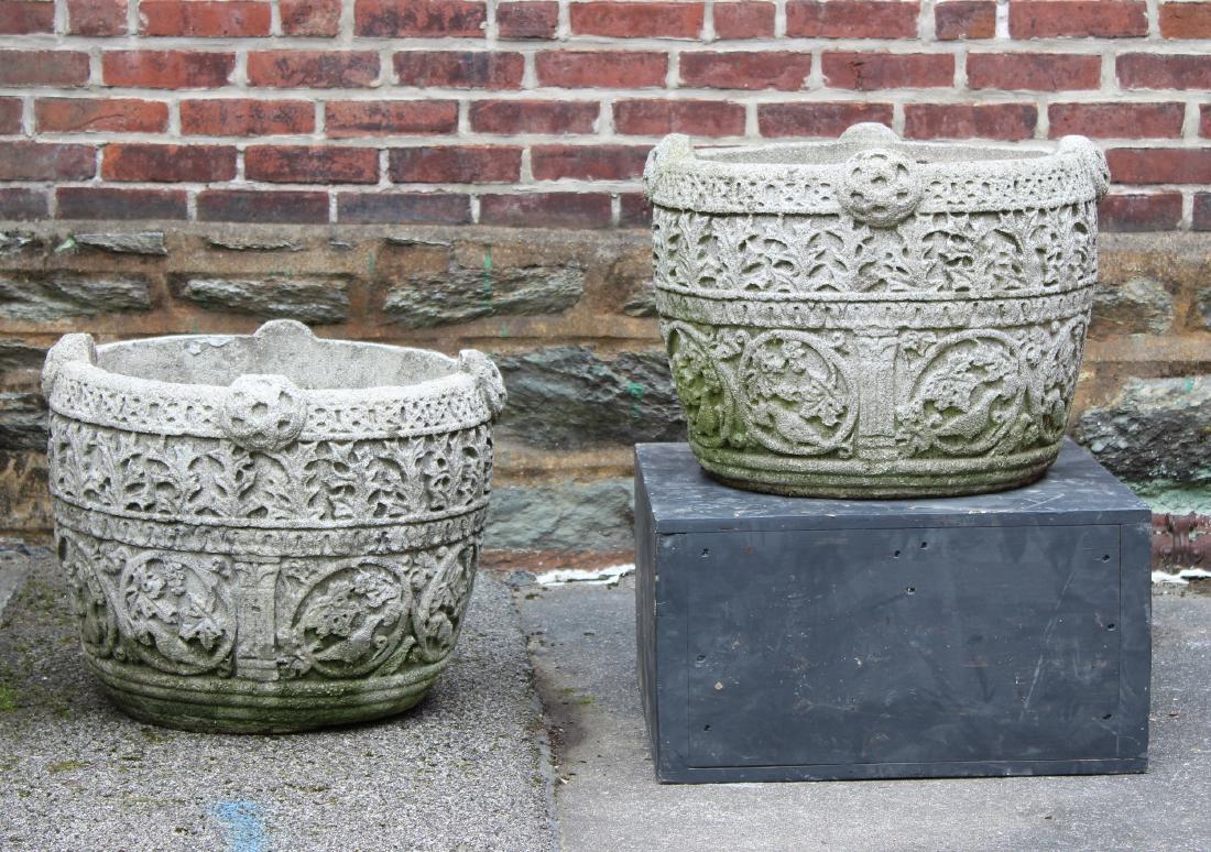 Pair Early 20th C Celtic Design Cast Stone Urns (1 of 3)