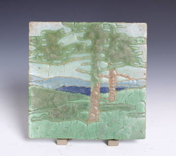 Grueby Arboreal Scene Glazed Tile: Grueby Arboreal Scene Glazed Tile. The Pines. Early 20th C. Size: 6 x 6 inches.