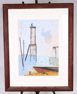 Herman Maril 1952 Seascape Painting: Herman Maril (American 1908-1986) 1952 Seascape Painting. Custom wormwood frame. Size: frame 31 x 24 inches, sight 20 x 13.5 inches.