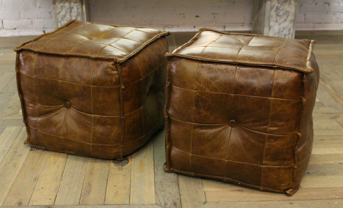 Pair Tufted and Buttoned Leather Ottomans (1 of 3)