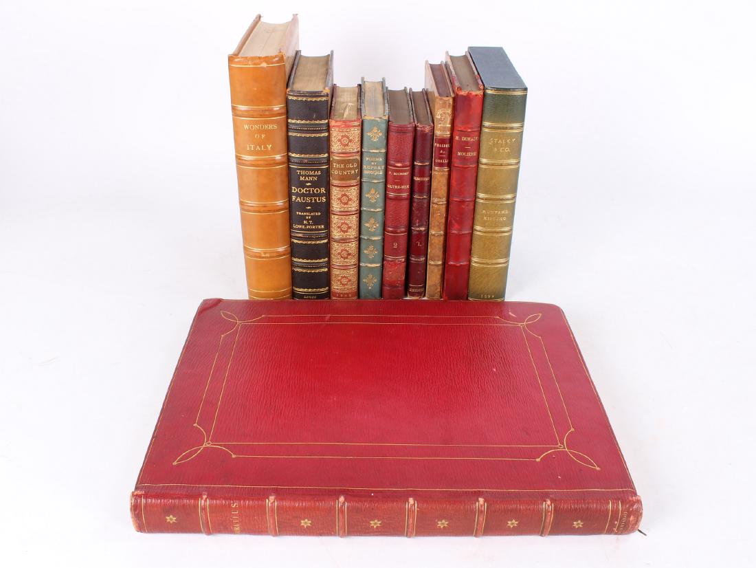 10 Leather Bound Books: Collection of ten exquisite leather bound books including a Kipling, Thomas Mann, Rupert Brooke, Moliere & More.