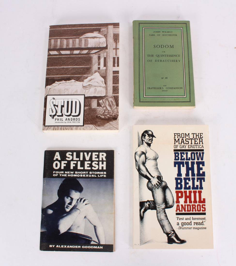 4 Uncommon Gay Paperback Books: Four uncommon gay paperback adult books: A Sliver of Flesh by Alexander Goodman, Below the Belt and $tud by Phil Andros anfd Sodom or the Quintessence of Debauchery by John Wilmot the Earl of Rocheste