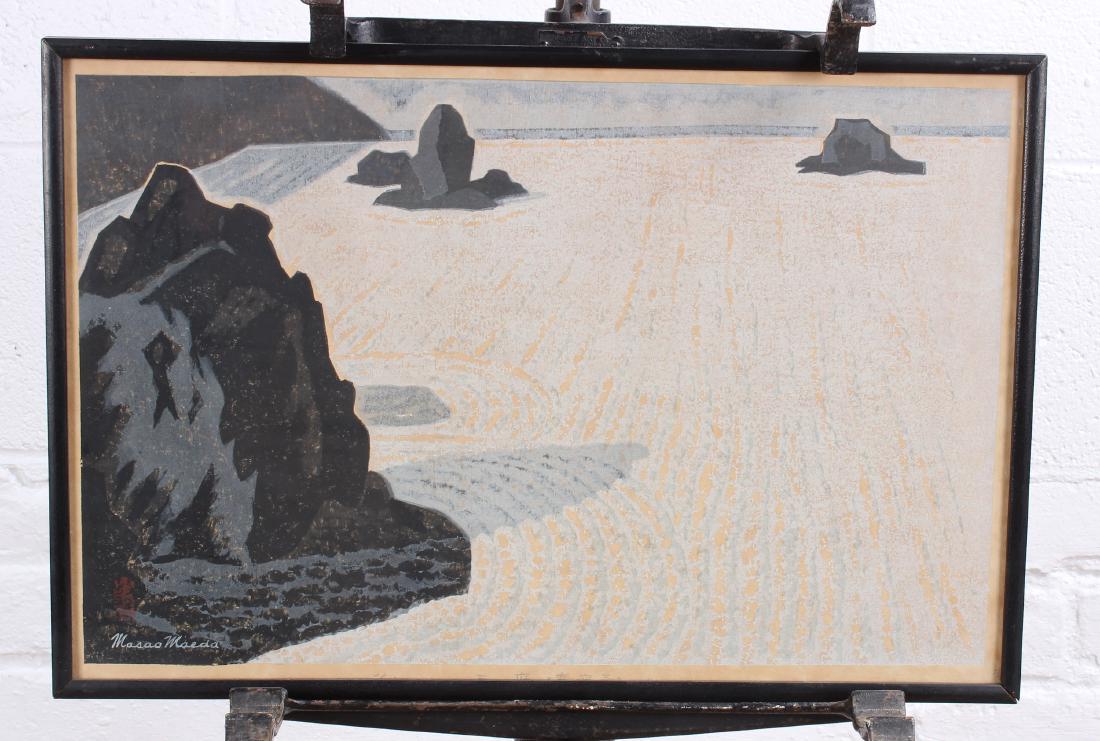 Modern Japanese Woodblock Print Signed Masao Maeda: Modern Japanese Woodblock Print Signed Masao Maeda. Size: 12" x 18" frame, 11.25" x 17.25" sight.