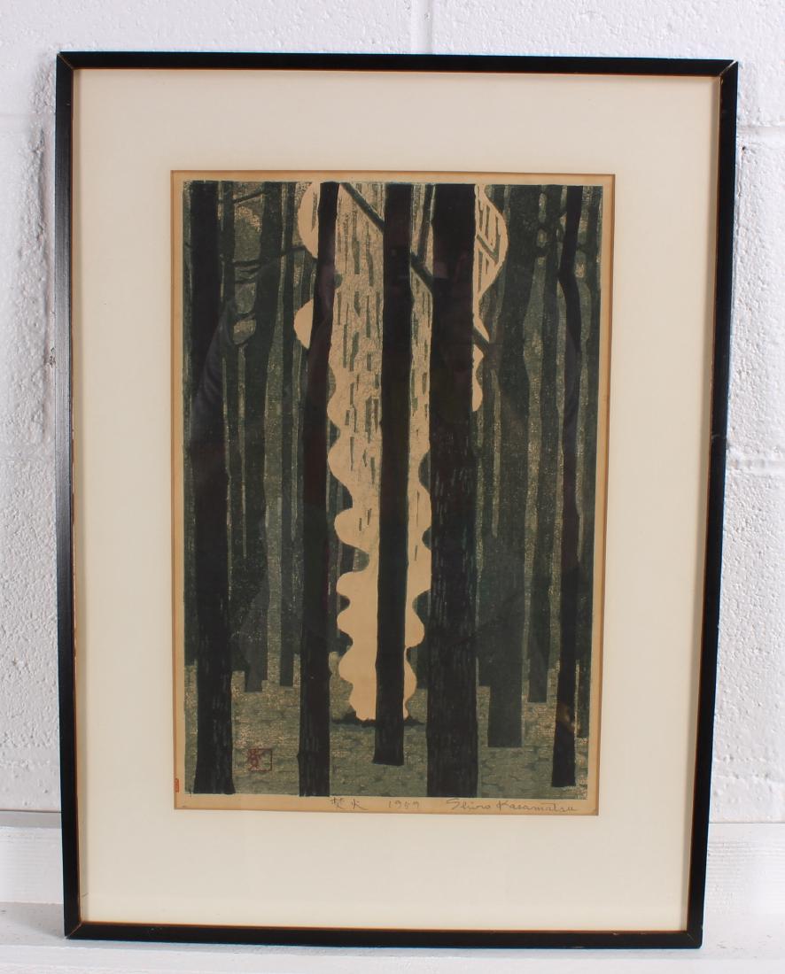 Shiro Kasamatsu Woodblock Print: Shiro Kasamatsu Woodblock Print. Modern. Size: 21.25" x 15.75" frame, 15.25" x 10.25" sight.