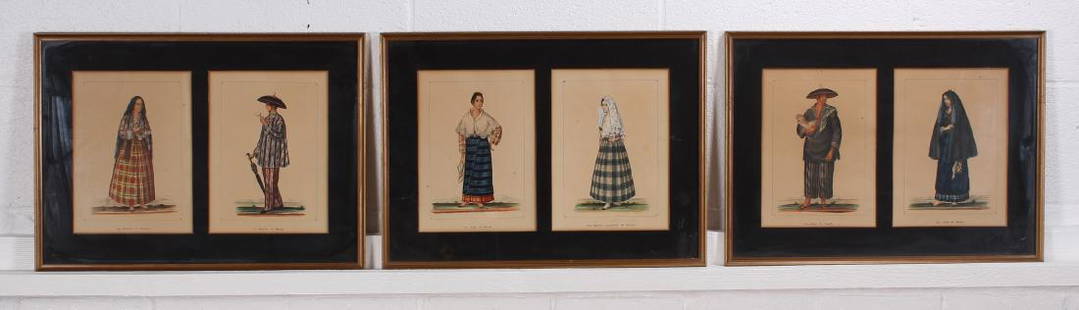 Six 19th C Philippine Fashion Costume Colored: Six 19th C Philippine Fashion Costume Colored Lithographs. Framed under glass in pairs. Size: 15" x 20.5" frame, 10.25 x 7.5" each view.