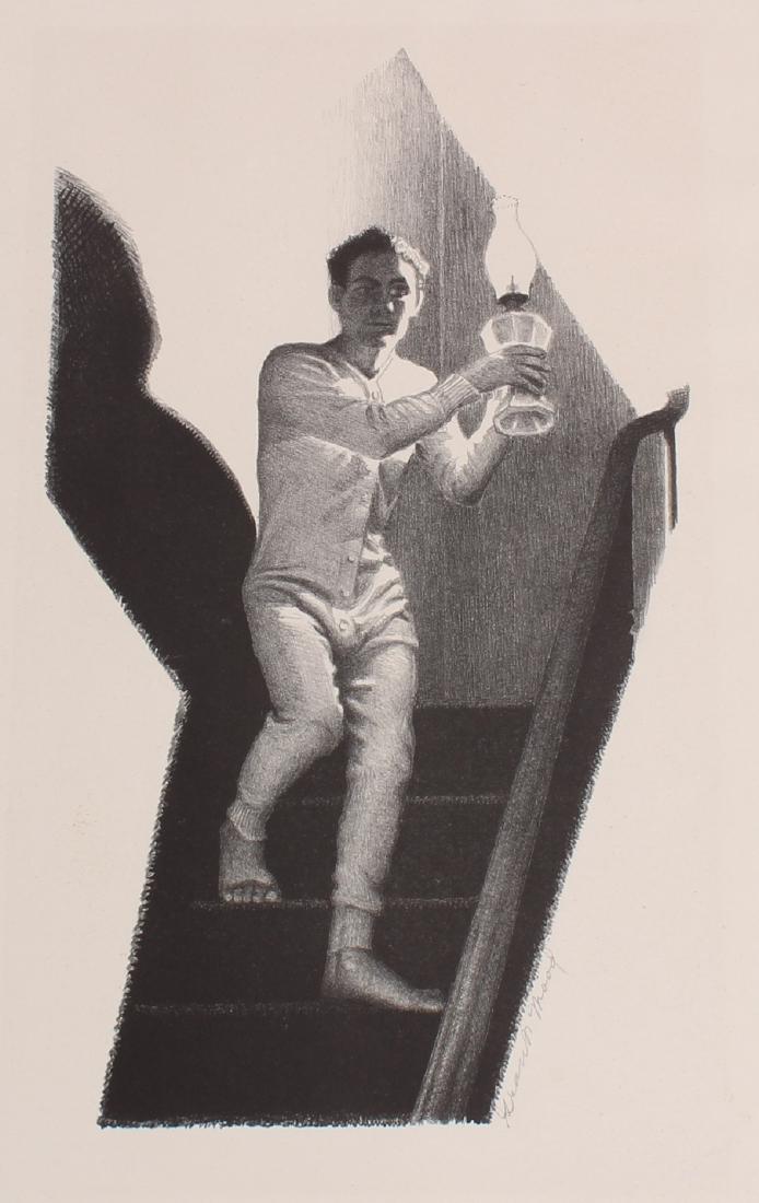 Signed Grant Wood: Signed Grant Wood. Midnight Alarm. Lithograph. Size: 16" x 11.5" sheet.