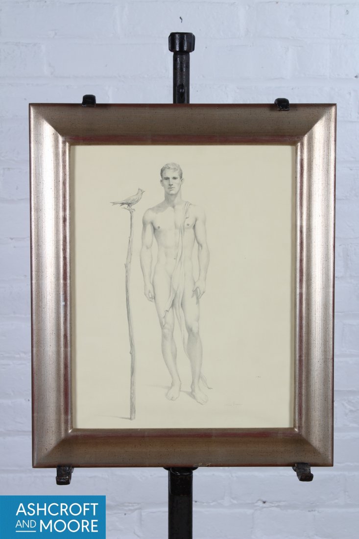 John B. Lear Jr. (Pennsylvania, 20th C) Male Nude: John B. Lear Jr. (Pennsylvania, 20th C) Male Nude Drawing. 17"x 14 1/2" Frame, 13 1/2" x 10 1/2" Sight.
