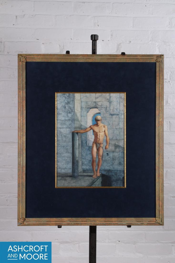 John B. Lear Jr. (Pennsylvania, 20th C) Watercolor: John B. Lear Jr. (Pennsylvania, 20th C) Watercolor. Male figure at bath. 28" x 24" Frame, 15 1/2" x 11" Sight.