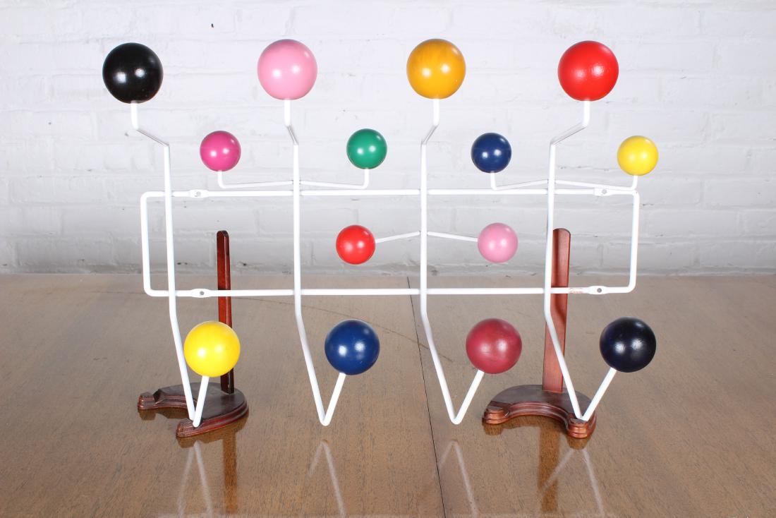 Charles and Ray Eames Labeled Wall Hung Rack: Charles and Ray Eames labeled multicolored wall/hat rack. Size: 14" H x 20" W x 6" D