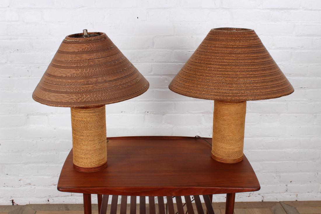 Pair of Gregory Van Pelt Cardboard Table Lamps: Pair of Gregory Van Pelt wood and stacked cardboard table lamps with original shades. Size: 20" H