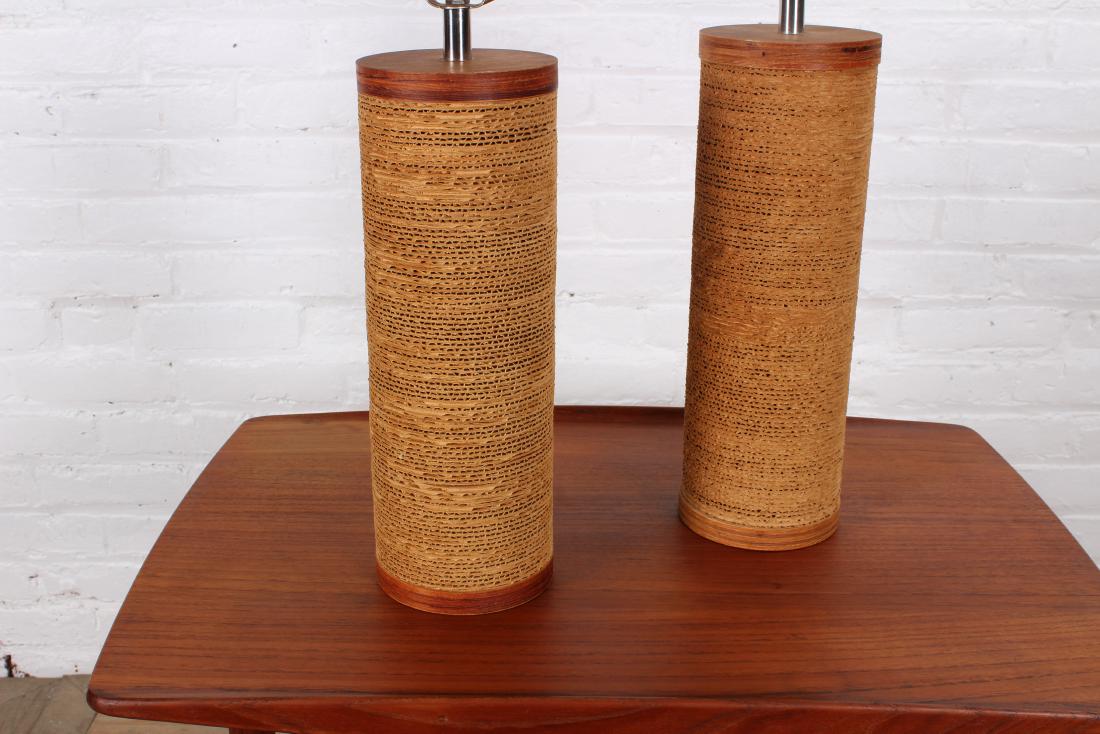 Pair of Gregory Van Pelt Cardboard Table Lamps: Pair of Gregory Van Pelt wood and stacked cardboard table lamps. Size: 19" H x 37" W x 20" D