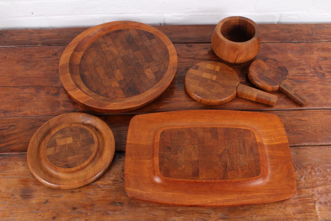 Lot of Labeled Dansk Teak Table Accessories: Lot of labeled Dansk mid century modern items including 2 trays, a bowl, and 2 cheese boards. Circa 1960/1970. Size: 35" W x 8" D