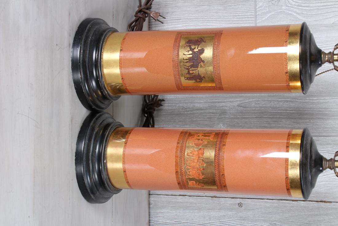 Pair of Neoclassical Reverse Decorated Glass Column: Pair of Neoclassical reverse decorated glass column form lamps. Circa 1940. Size: 21 1/2" H x 7" Dia
