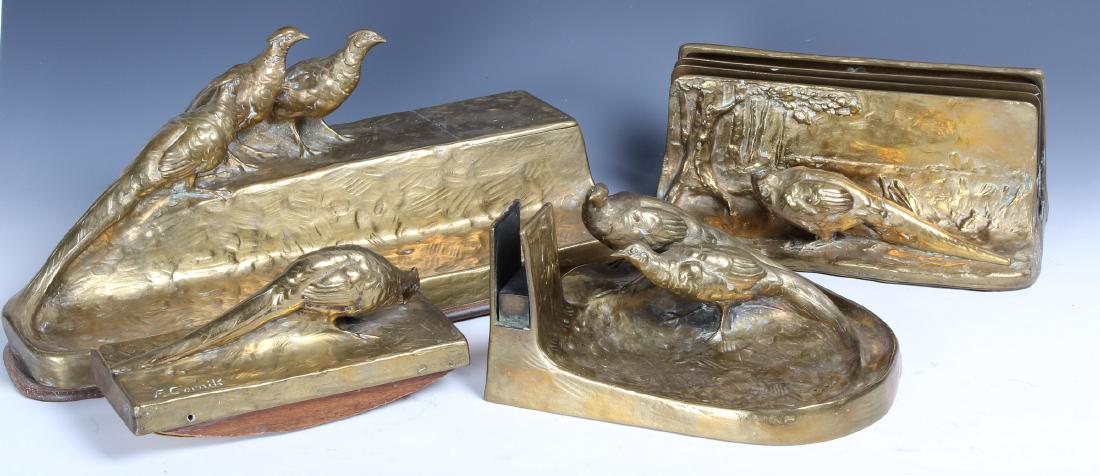 Friedrich Gornik (Austrian, 1877-1943) Vienna School of: Friedrich Gornik (Austrian, 1877-1943) Vienna School of Arts and Crafts. 4 piece bronze desk accessory set. Including inkwell, letter stand, smoke stand and blotter. Size: largest, 6 x 14.5 x 7 inches