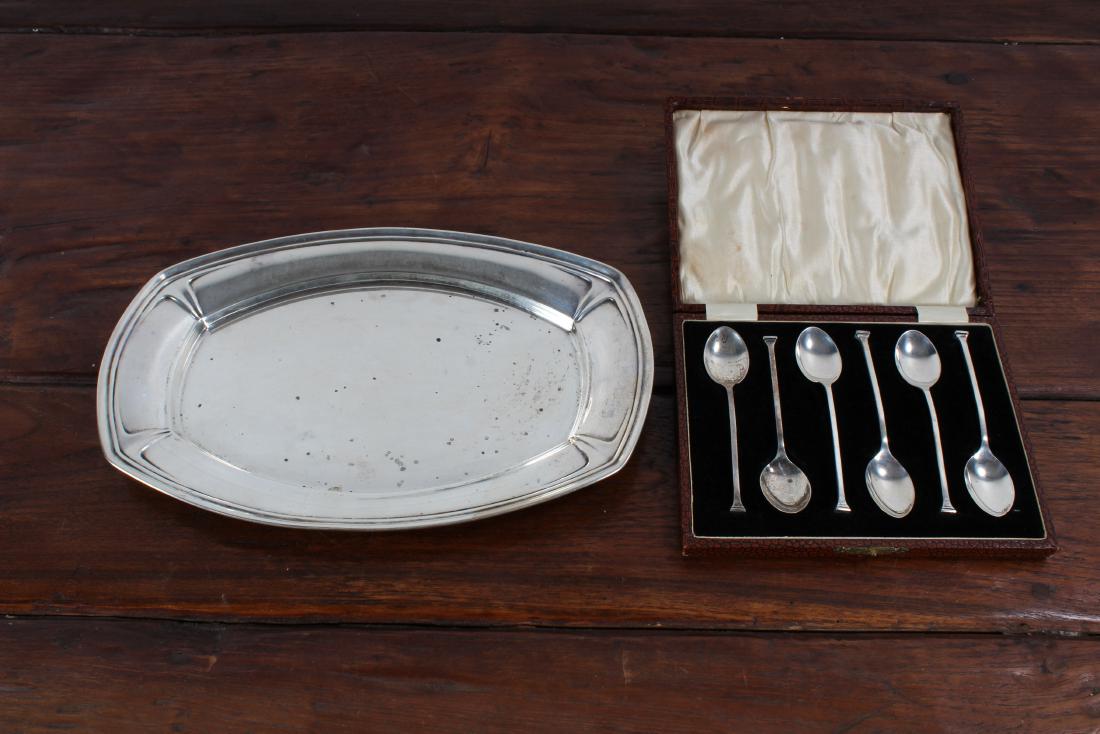 Sterling Silver: A sterling silver lot including a tray and a set of 6 boxed English spoons. Size: Tray- 11" W x 7 1/2" D