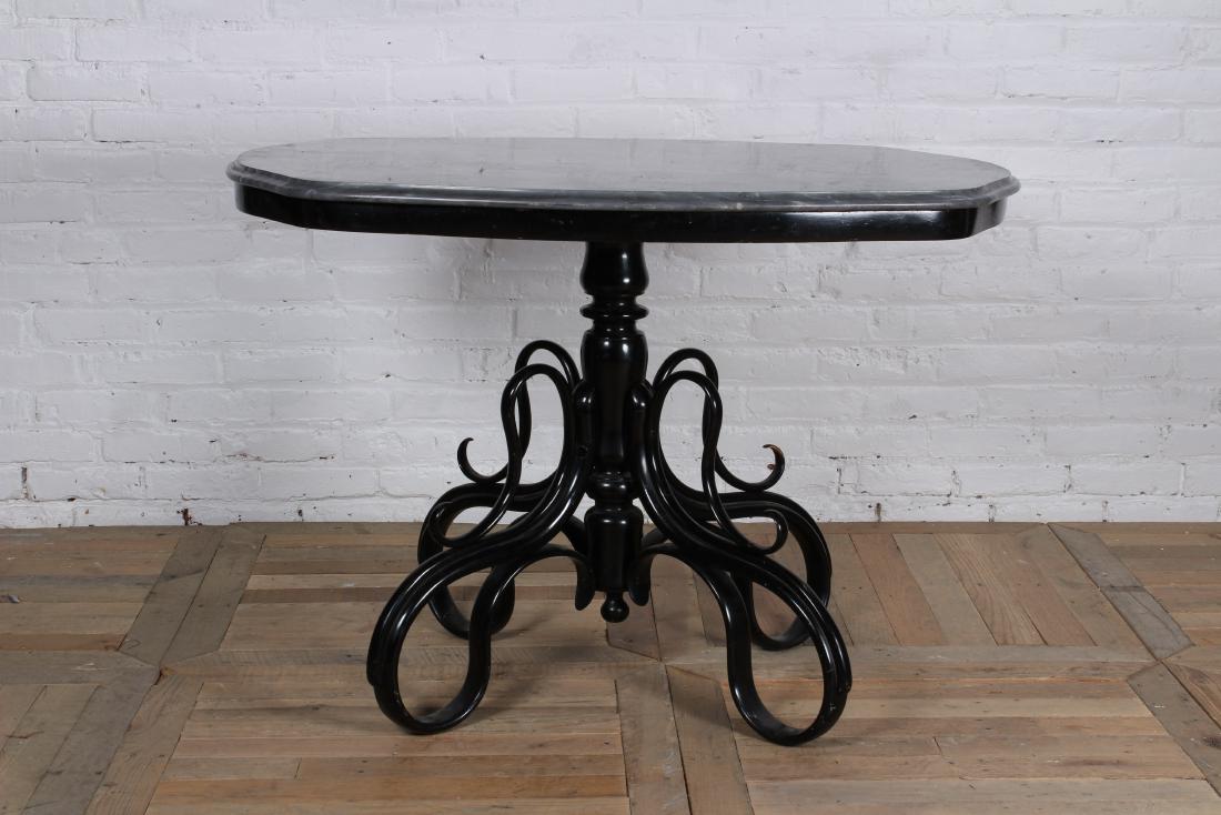 Late 19th C Thonet Center Table: Very good late 19th century thonet center table with molded edge marble top supported on central turned post with bent wood scrolling legs, circa 1890. Size 30 1/2" H x 31 " W x 43 1/2" D