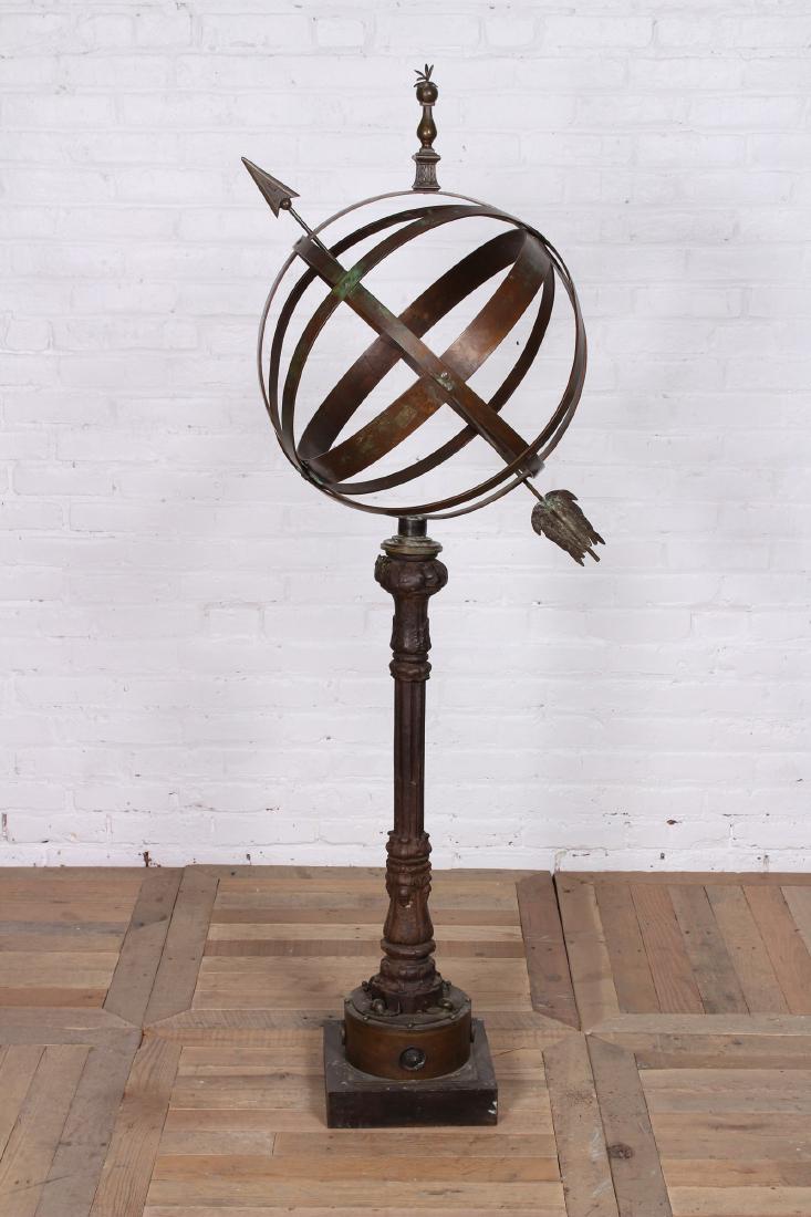 20th C Bronze and Cast Iron Armillary: A very unusual 20th C bronze and cast iron armillary. With dragonfly finial, salamander and snail decoration all raised on stepped base. Size: 64 x 18 inches.