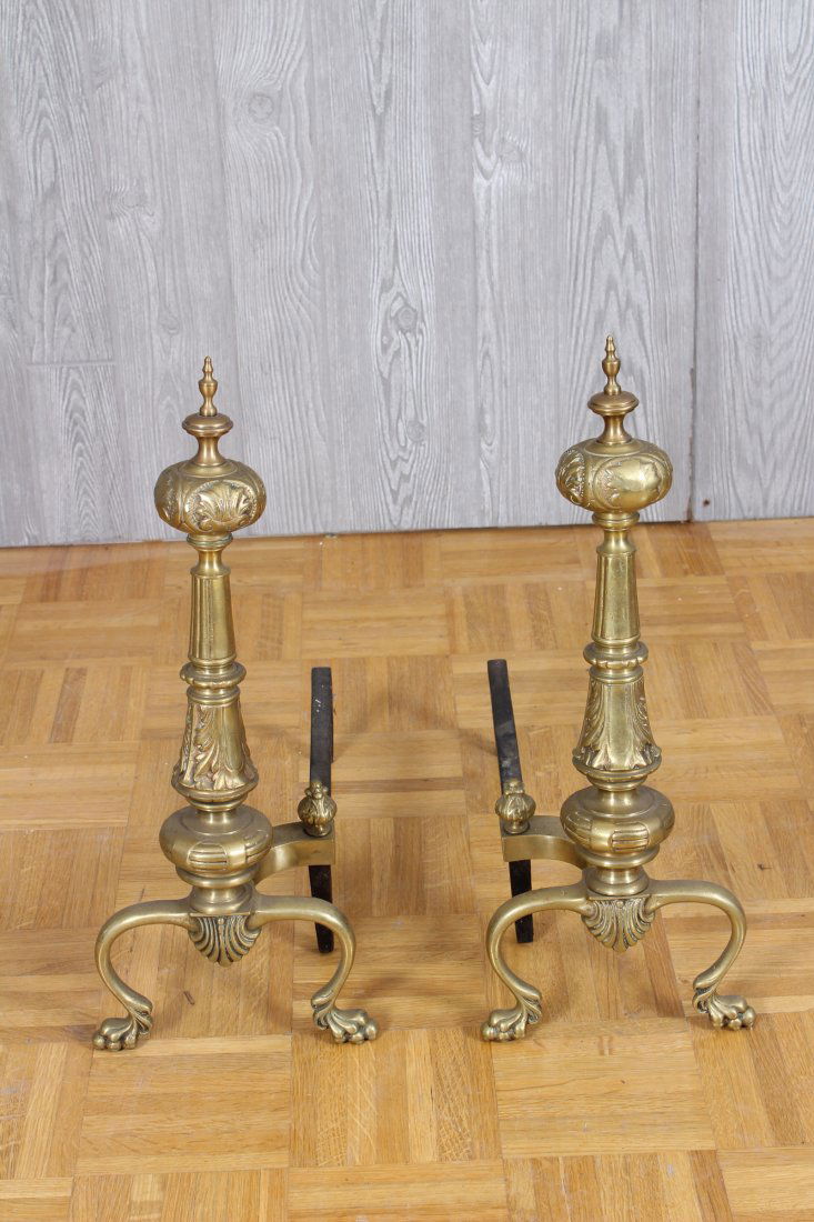 Pair of Continental Brass/Bronze Andirons: Pair of Continental brass/bronze andirons. Size: 22" H