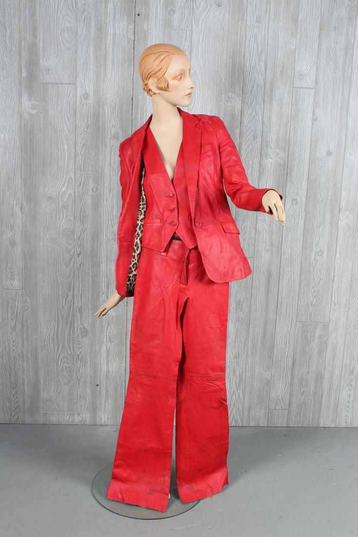 Dolce + Gabbana Vintage Leather Three Piece Suit: Dolce + Gabbana three piece party suite comprised of jacket, vest, and pants, size 26/40. Some staining to the leather, used condition