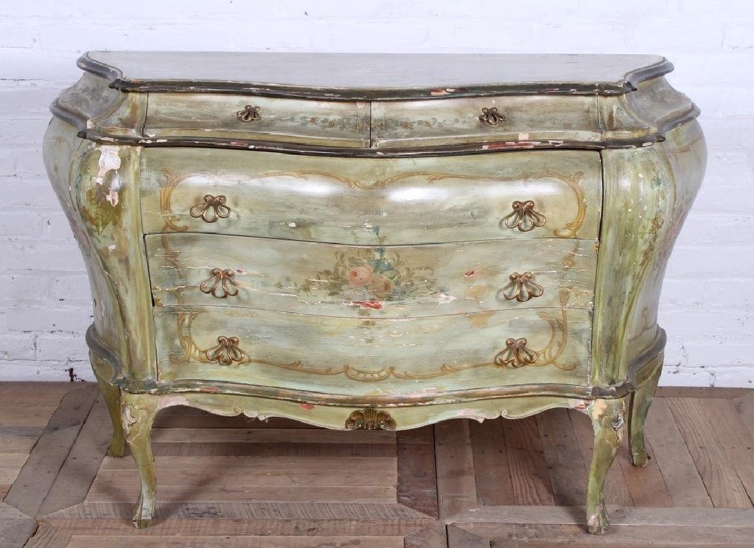 Italian Paint Decorated Bombe Commode: An Italian bombe paint decorated commode having 2 small drawers over 3 long drawers. raised on cabriole legs. Size: 33 x 51 x 20.5 inches.