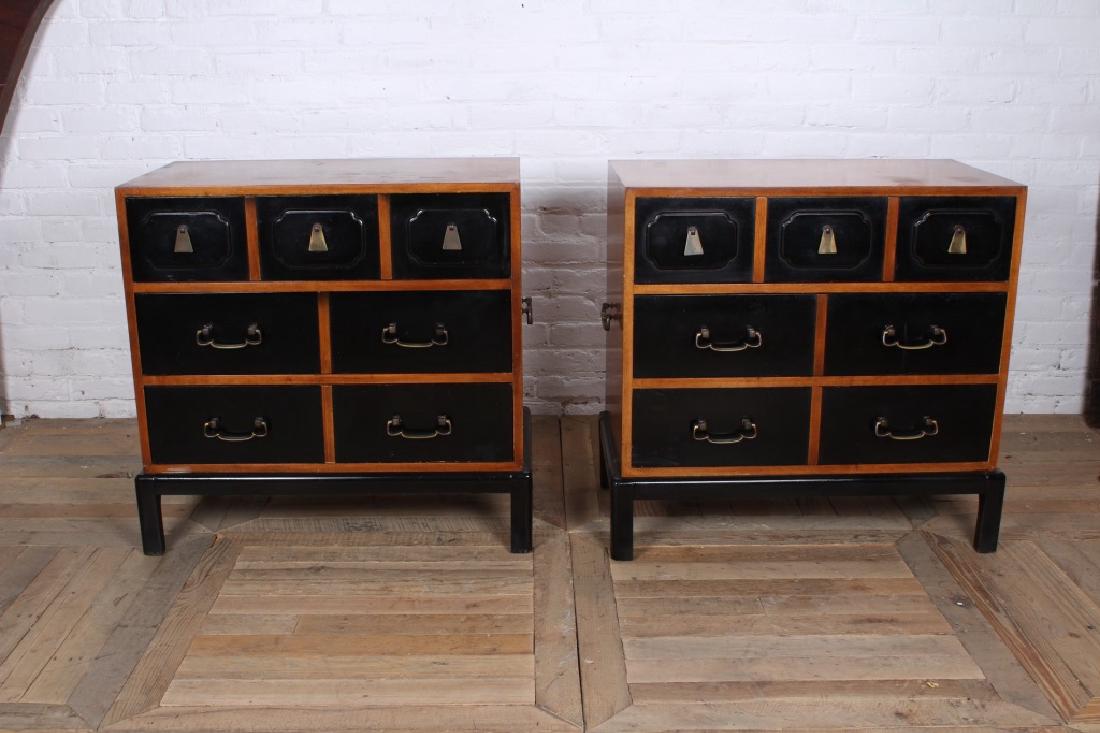 Pair Grosfeld House Style Bachelors Chests: Pair of mid century modern Grosfeld House style Bachelors chests. With 3 ebonized drawers all raised on chamfered legs. Circa 1960. Size: 30" H x 30 1/2" W x 17" D