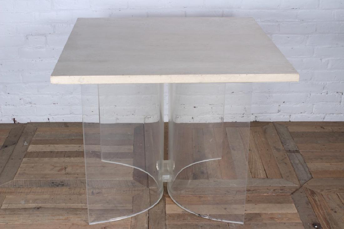 Kagan Style Mid Century Modern Center Table: A interesting Kagan style mid century modern center table/games table with a travertine top supported on a lucite curved base. Circa 1960. Size: 29" H x 36" W x 36" D