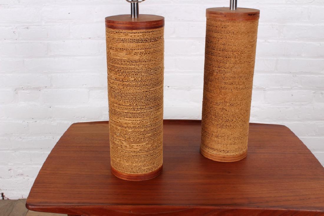 Pair of Gregory Van Pelt Cardboard Table Lamps: Pair of Gregory Van Pelt wood and stacked cardboard table lamps. Size: 19" H x 37" W x 20" D