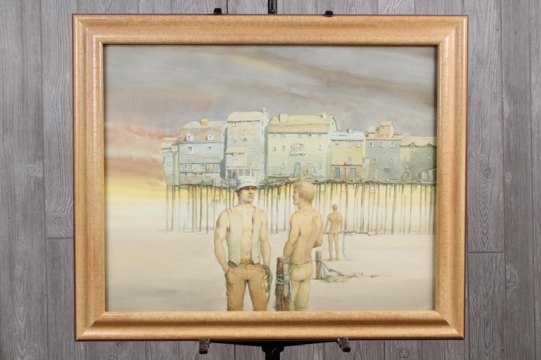 John B Lear (20th C, Pennsylvania) Watercolor: John B Lear (20th C, Pennsylvania) Watercolor. Titled: Stilted Existence. Framed under grass. Size: 21.75" x 27" Sight; 26.875" x 32.5" Frame