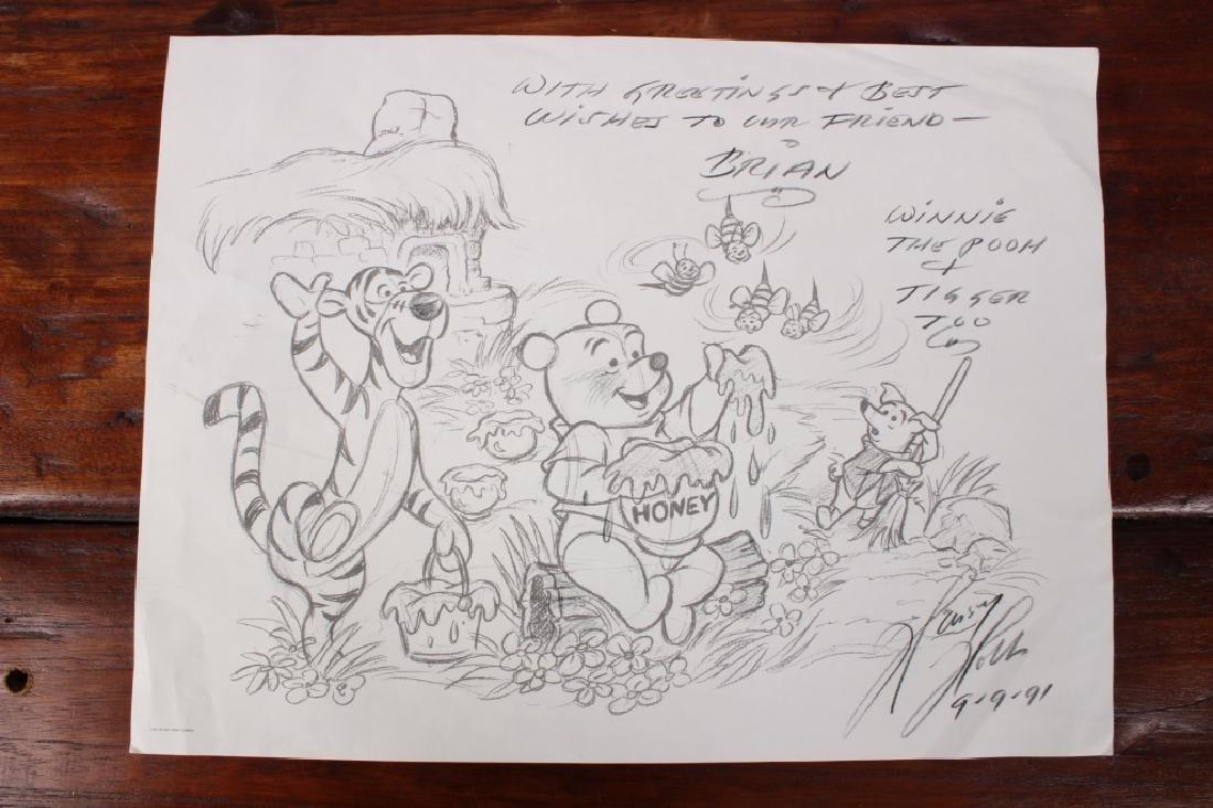 1987 Print of Pencil Sketch of Winnie the Pooh: 1987 Print of pencil sketch of Winnie the Pooh and Tigger Too pencil inscribed by Disney animator (can't decifer signature)