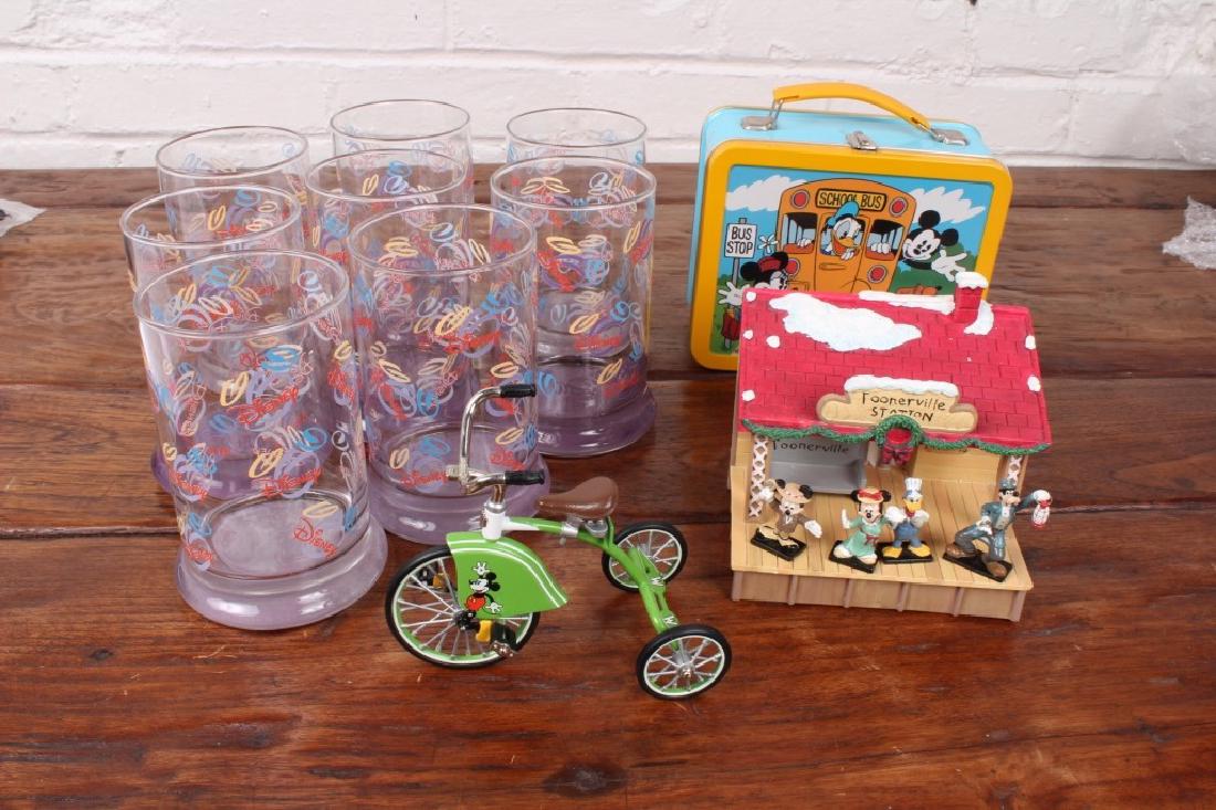 Toonerville Train Station: Toonerville Train Station lights up with Goofy, mint in original packaging along with: Set 8 Disney Art of Animation logo drinking glasses 5" high with skid-proof bottoms, never used, Mickey & Friends